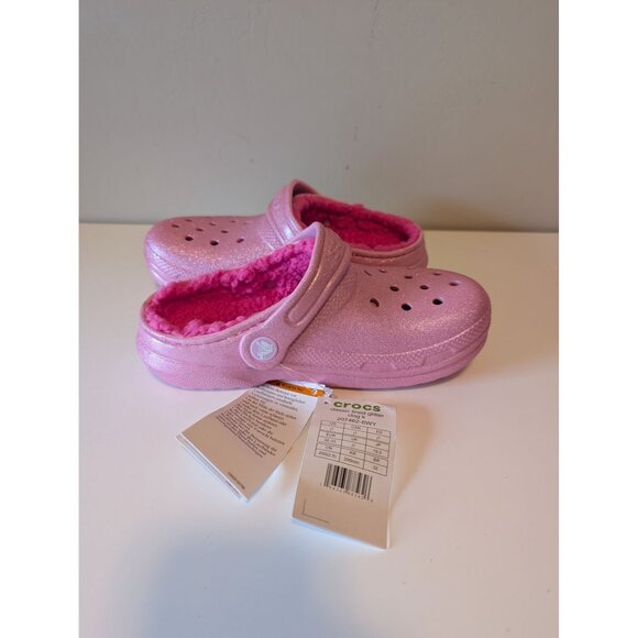 NEW Pink Glitter Crocs Kids Fuzzy Lined Classic Clogs Size J1 - Picture 5 of 9